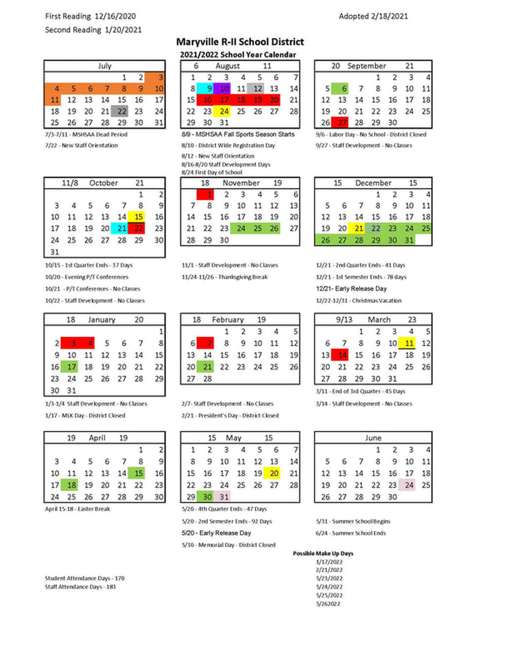 2017-2018 School Calendar